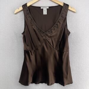 NINE WEST Top 8 Blouse Silk Satin Beaded Tank Sleeveless Shell V-Neck Brown
